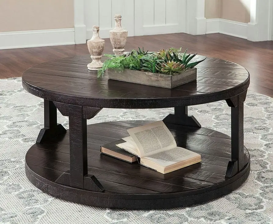 Wooden coffee table with books and decor.