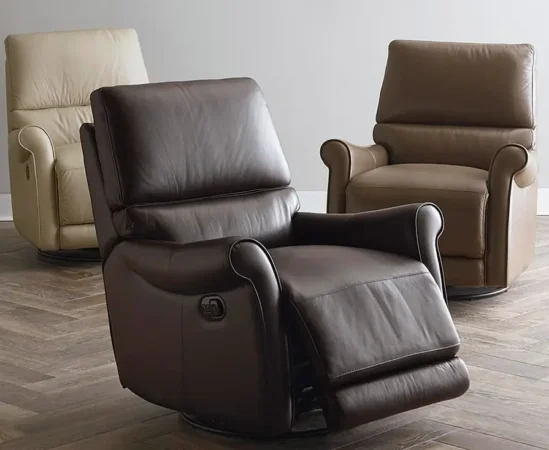 Three leather recliner chairs in various colors.