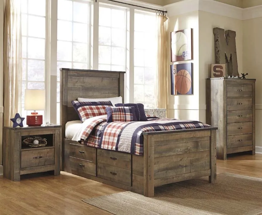 Rustic children's bedroom with plaid bedding.