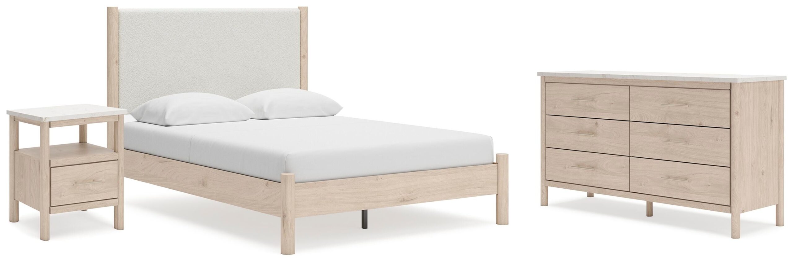 0c9e453c33832095af307b92621dd408 Cadmori Queen Upholstered Panel Bed, Dresser and Nightstand - Image 1