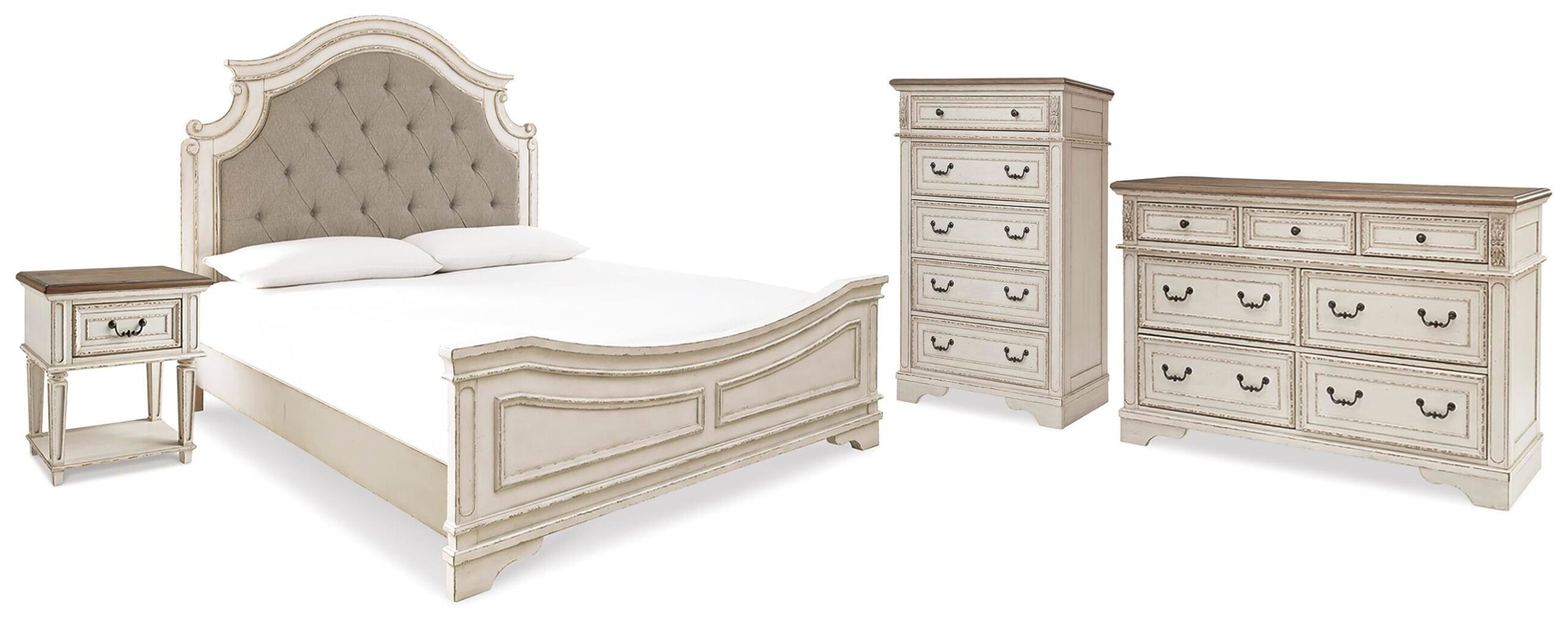 2287fdc9e4614fb055b34241da39bd48 Realyn King Upholstered Panel Bed, Dresser, Chest and Nightstand - Image 1