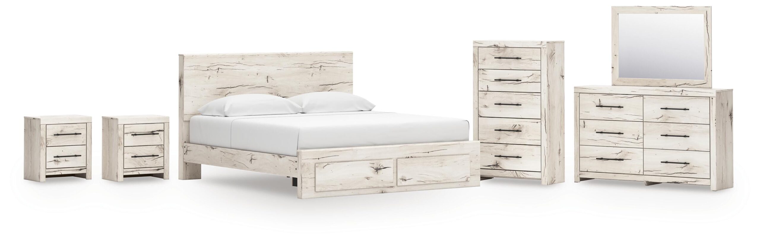 Lawroy King Panel Storage Bed, Dresser, Mirror, Chest and 2 Nightstands