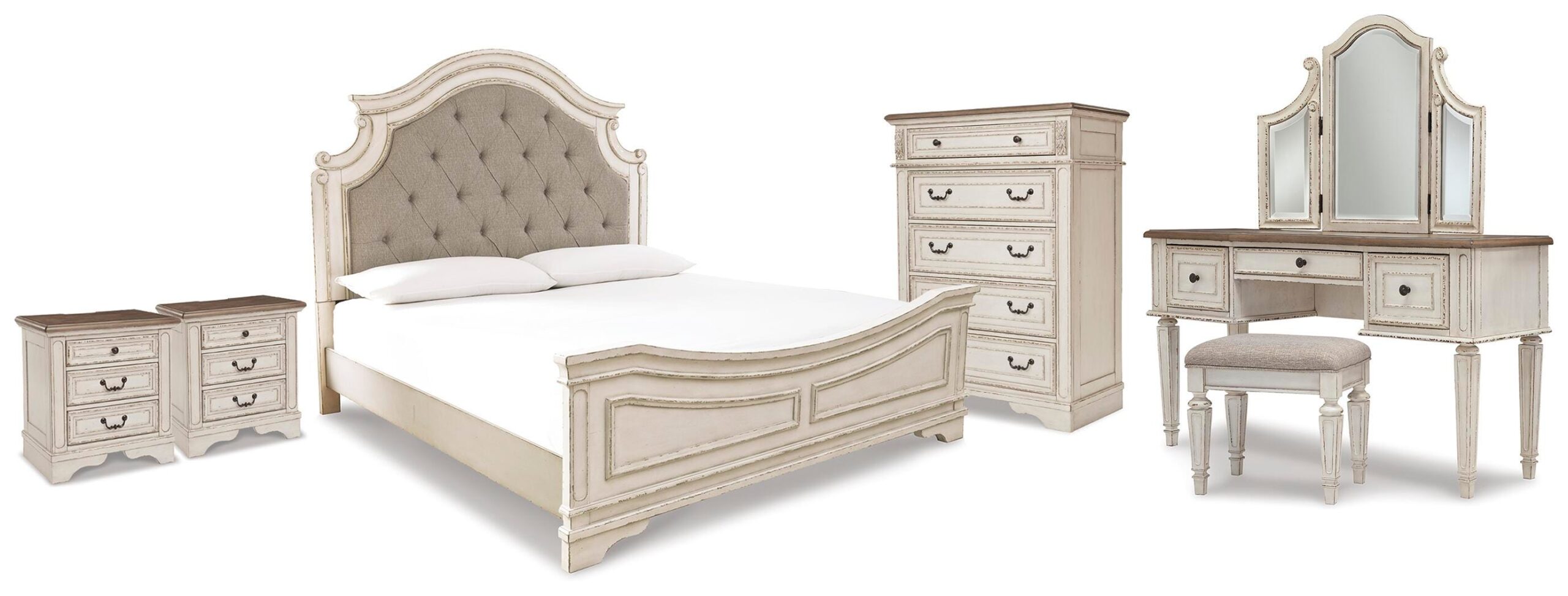 3a754617801389fbf10e46726fb83e1c Realyn King Panel Bed, Vanity, Chest and 2 Nightstands - Image 1