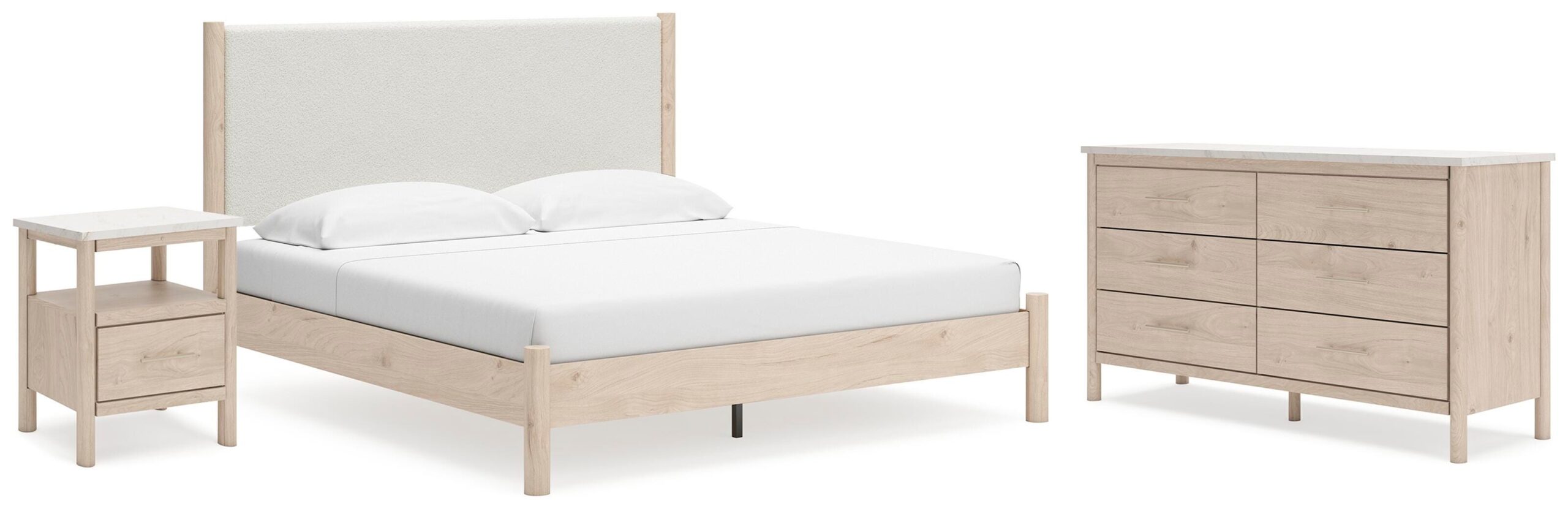 875ea5cafbfe81abd57b46b9f4d2c648 Cadmori King Upholstered Panel Bed, Dresser and Nightstand - Image 1