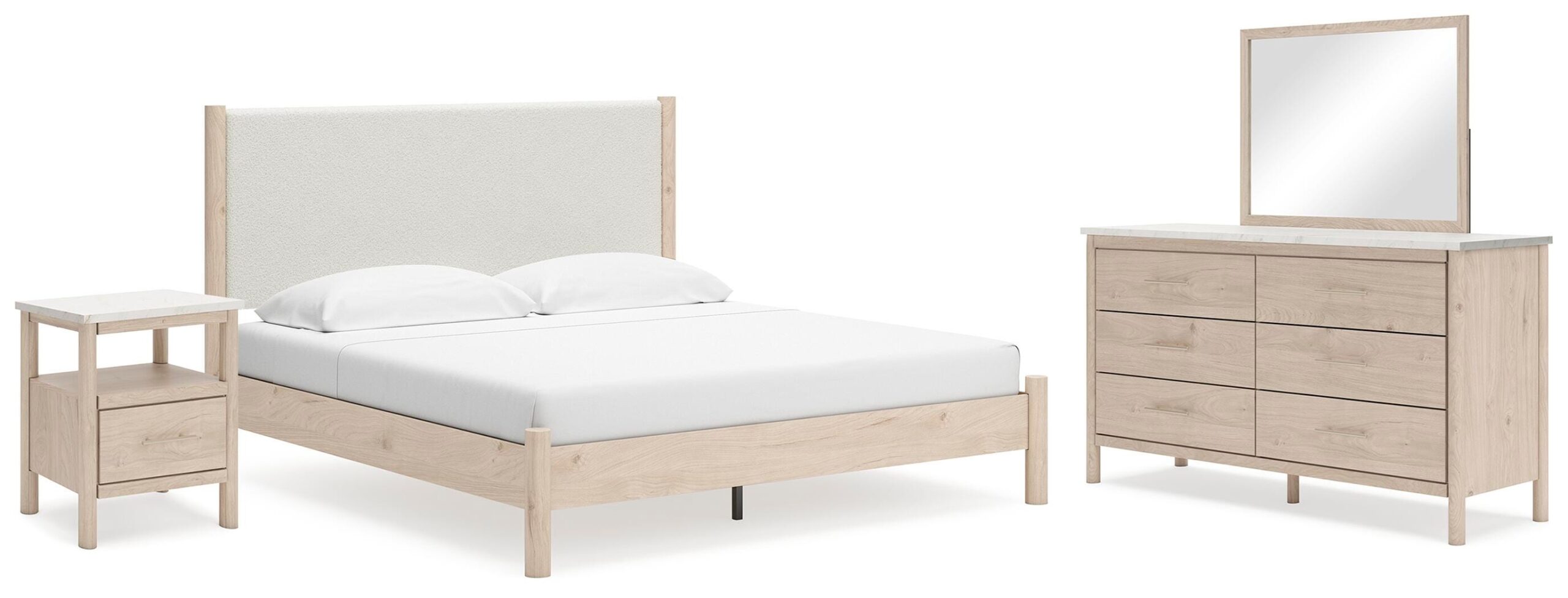 cc8d7382b5f52c3da5728222ab40666c Cadmori King Upholstered Panel Bed, Dresser, Mirror and Nightstand - Image 1