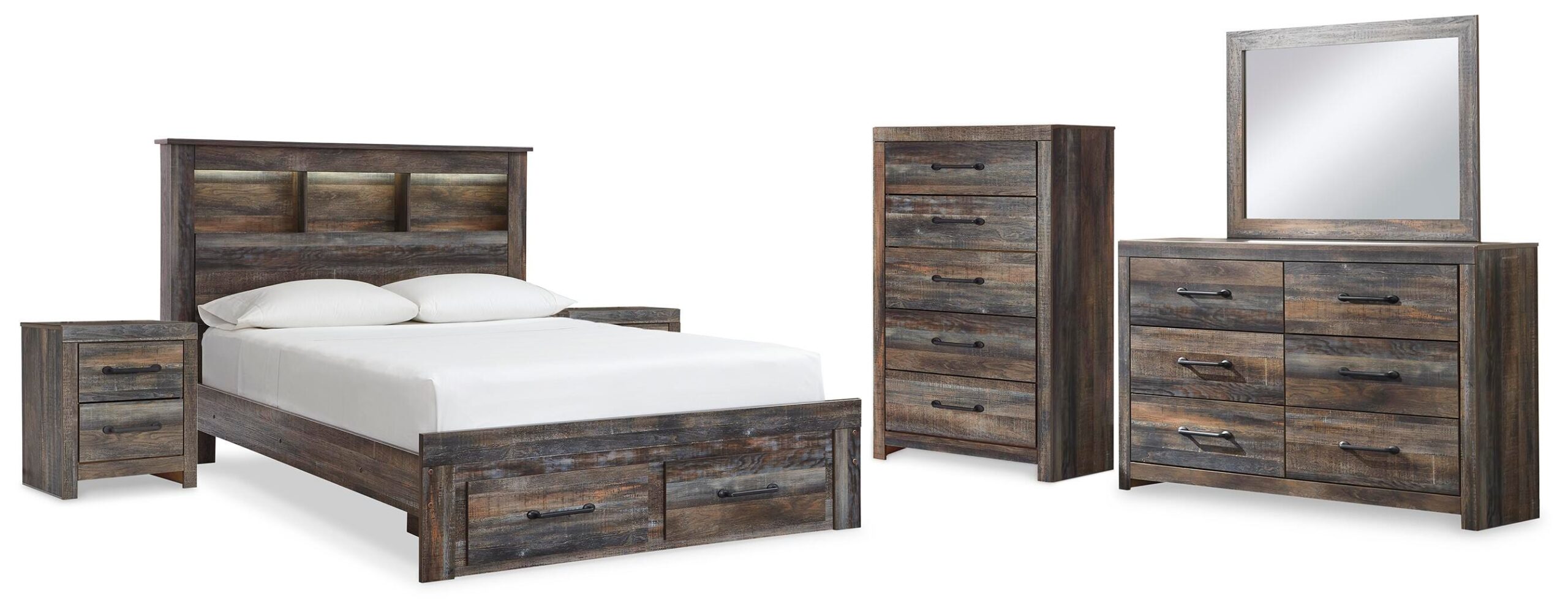 09fcb5f5b553e274c32f531b0132a4ae Drystan Queen Bookcase Storage Bed, Dresser, Mirror, Chest and 2 Nightstands - Image 1