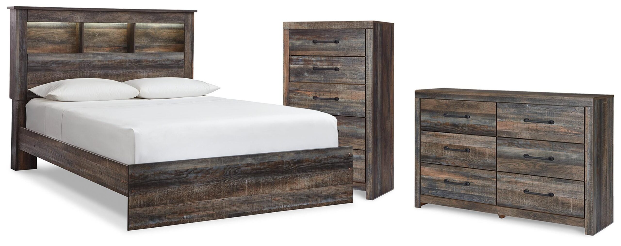 Drystan Queen Bookcase Bed, Dresser and Chest