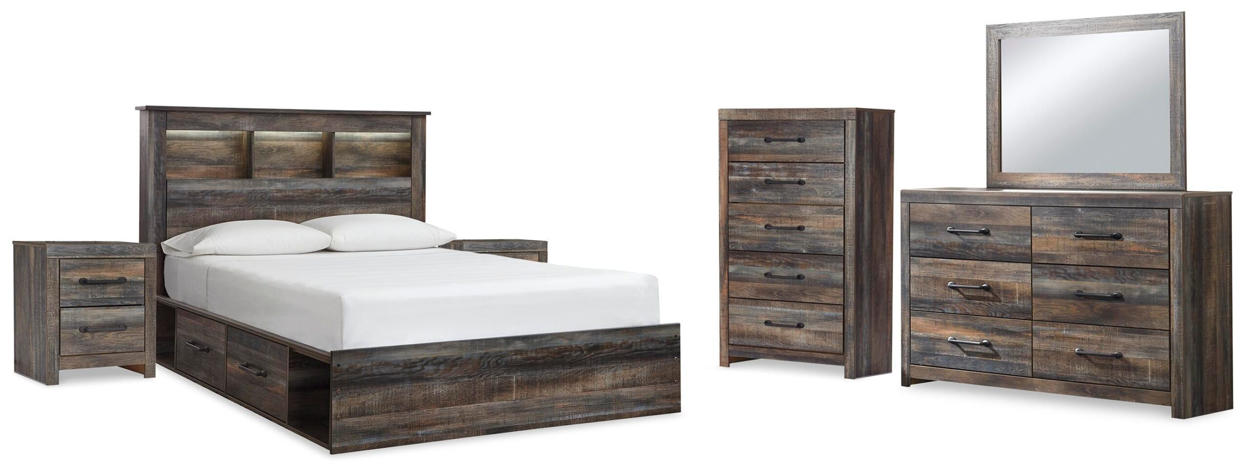 2cb3e8c60a0230a2d2ca3031fe15b81f Drystan Queen Bookcase Storage Bed, Dresser, Mirror, Chest and 2 Nightstands - Image 1