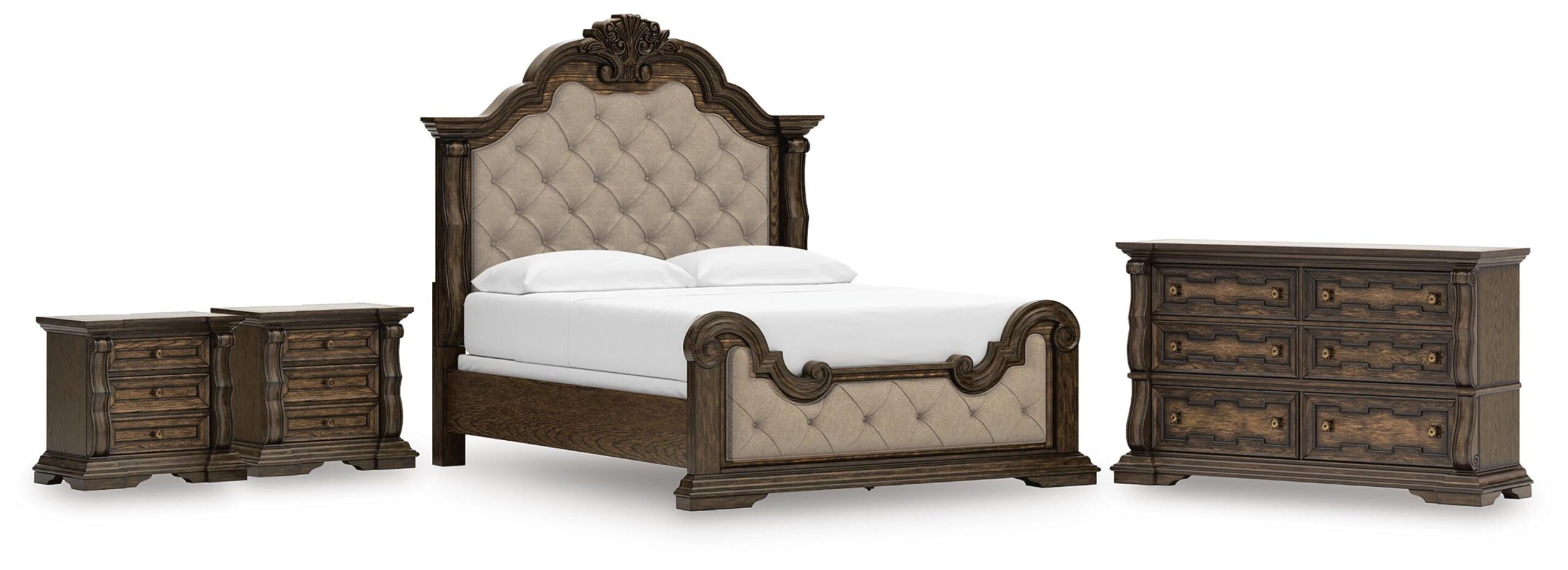 37e674aa357339f3b5b09efe3a28d8e8 Maylee King Upholstered Bed, Dresser and 2 Nightstands - Image 1
