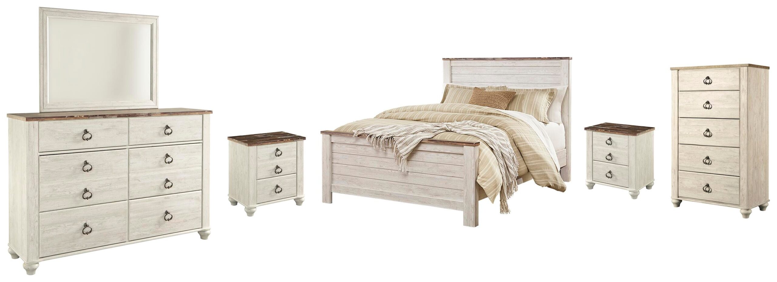 7026031be578a9f7d20d3545a38af779 Willowton Queen Panel Bed, Dresser, Mirror, Chest and 2 Nightstands - Image 1