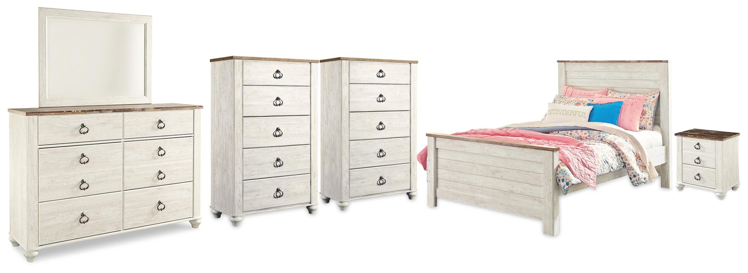 71c0da7e385260f005d29a8a49c364f0 Willowton Full Panel Bed, Dresser, Mirror, 2 Chests and nightstand - Image 1