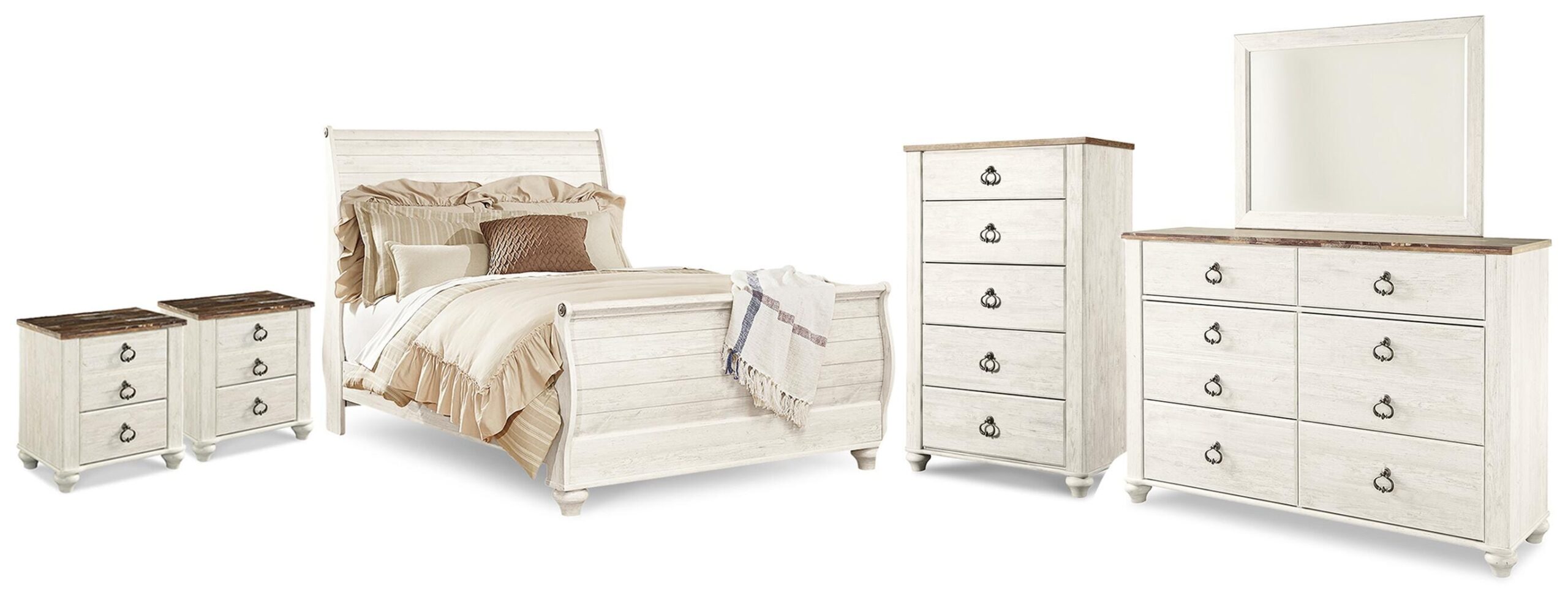 Willowton Queen Sleigh Bed, 2 Dressers, Mirror, Chest and 2 Nightstands