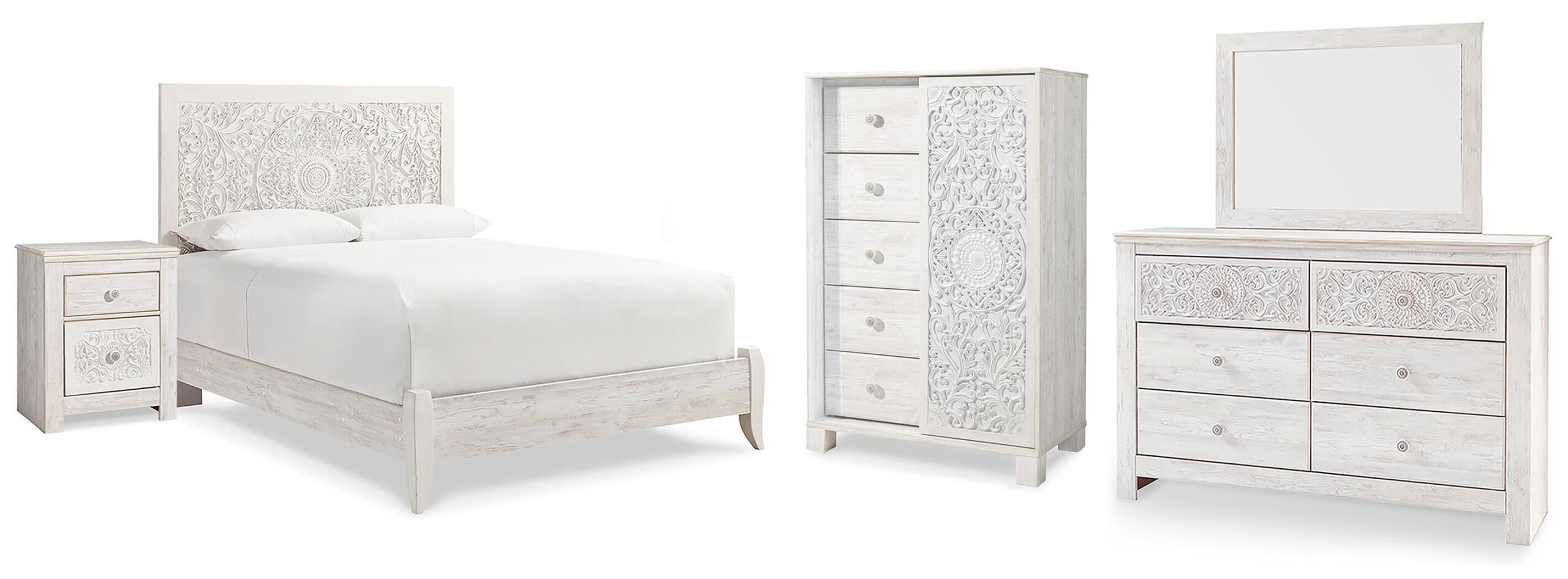Paxberry Queen Panel Bed, Dresser, Mirror, Chest and Nightstand